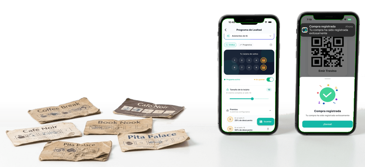 Tarjetas de lealtad de cartón desgastadas junto a dos teléfonos mostrando la app de Util Points con un programa de lealtad digital.